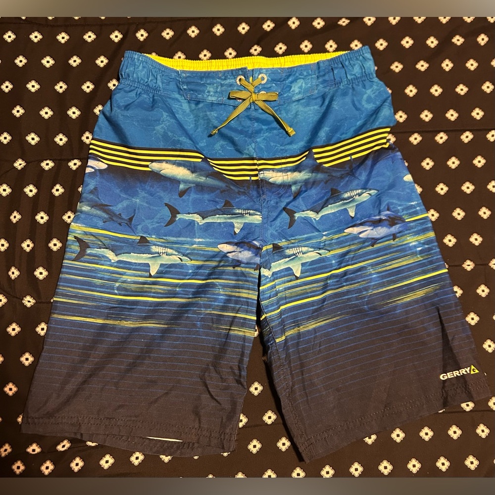 Gerry Big Kid Blue Shark Print Swim Shorts- size 18/20